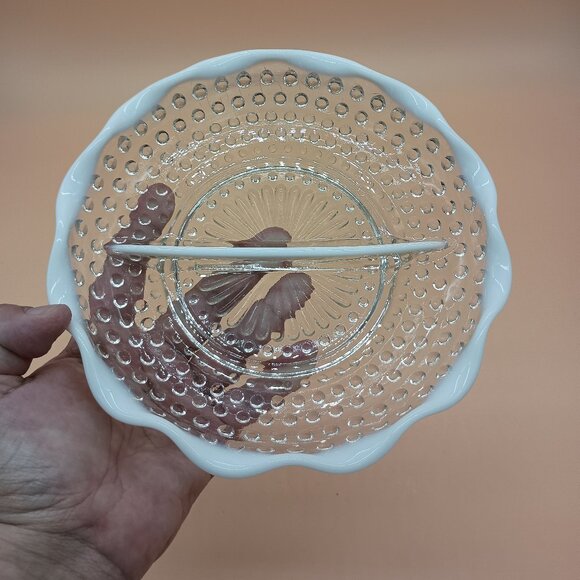 Vintage Fenton Moonstone Clear Opalescent Ruffled Edge Hobnail Divided Dish - Picture 3 of 4